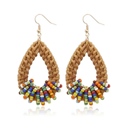 

2021 Selling Water Droplets Shape Ethnic Earrings Clip On Earrings Dainty Seed Beaded Rattan Earrings