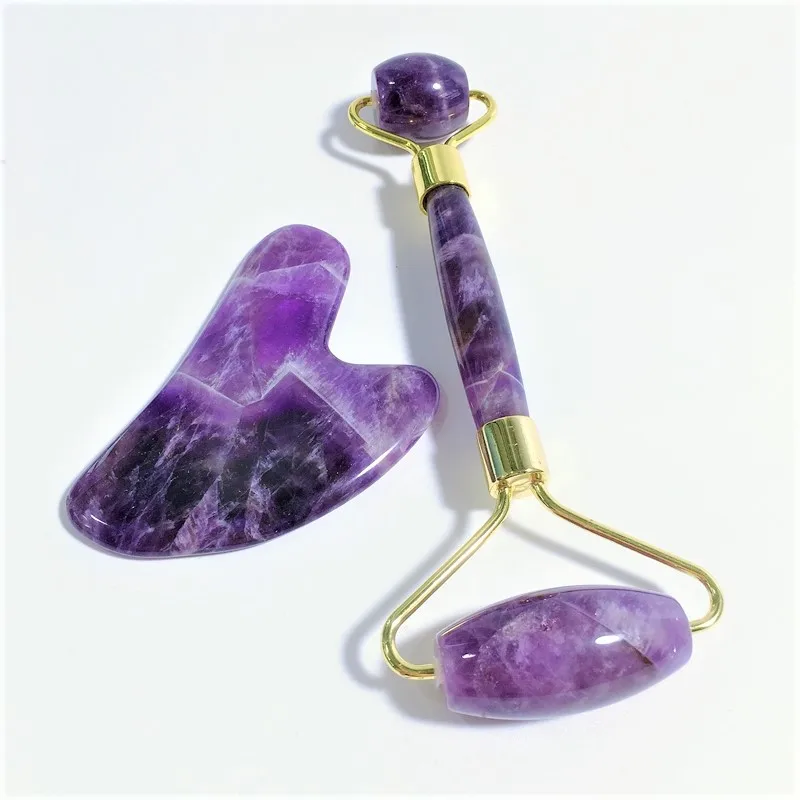 

Hot selling cheap skincare device face messager amethyst gem stone roller guasha sets, Purple roller gua sha set