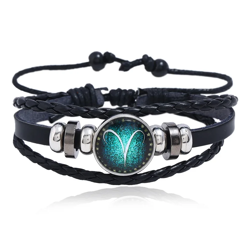 

Men Multilayer Braided Cow Leather Constellations Zodiac Bracelet Adjustable Leather Zodiac Sign Bracelet, As pictures