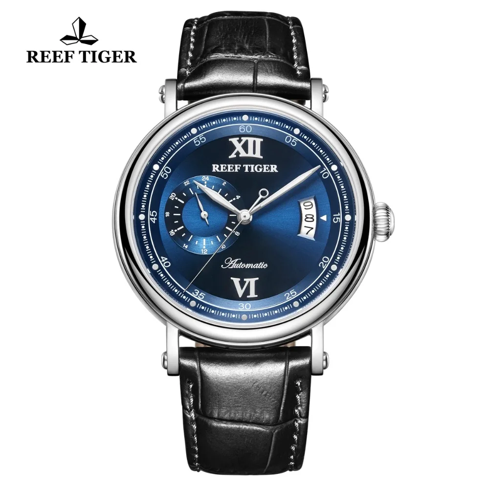 

Reef Tiger Luxury Casual Watch for men Stainless Steel Blue Fashion Mechanical Watches Big Date reloj hombre RGA1617-2