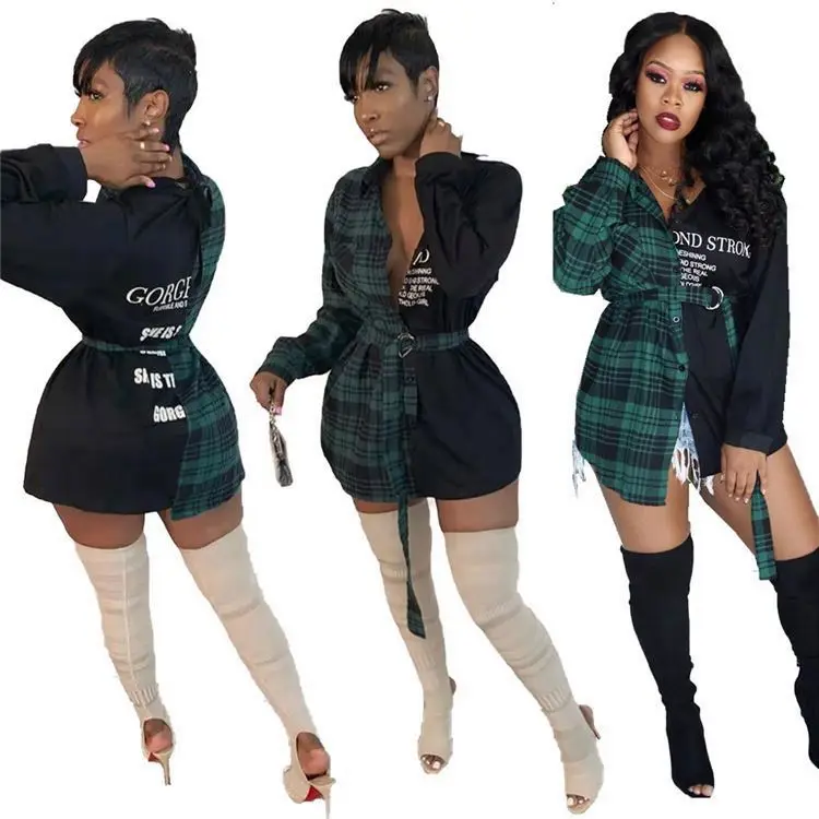 

2021 Wholesale Autumn Clothing Women Long Sleeve Blouse Plaid T Shirt Dress