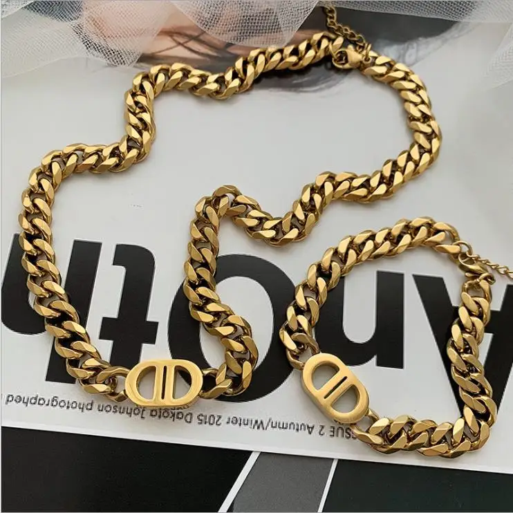 

Brand design Gold Plated Cuba Chain DD Letter Necklace Women Exaggeration Statement Bracelet Stainless Steel Necklace Jewelry