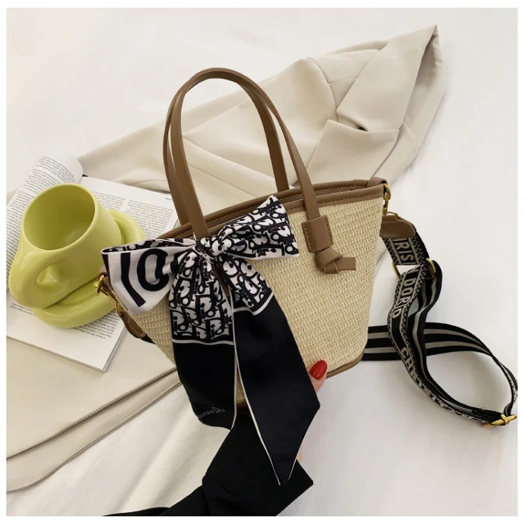 

Fashion straw and bow women luxury handbags for one shoulder messenger bag, 2 colors