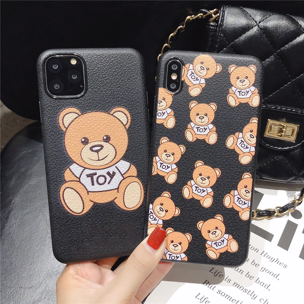 

Italy Fashion Cute toy Bear Phone Case for iPhone 12 mini 11 Pro XR X Xs Max 7 6s Plus SE2 Luxury 3D Lychee leather Soft Cover