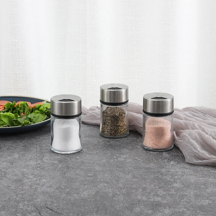 

Stainless Steel Top Bottle Shaped Salt Shaker Modern Spices Stainless Steel Salt and Pepper Shaker with Glass Jar