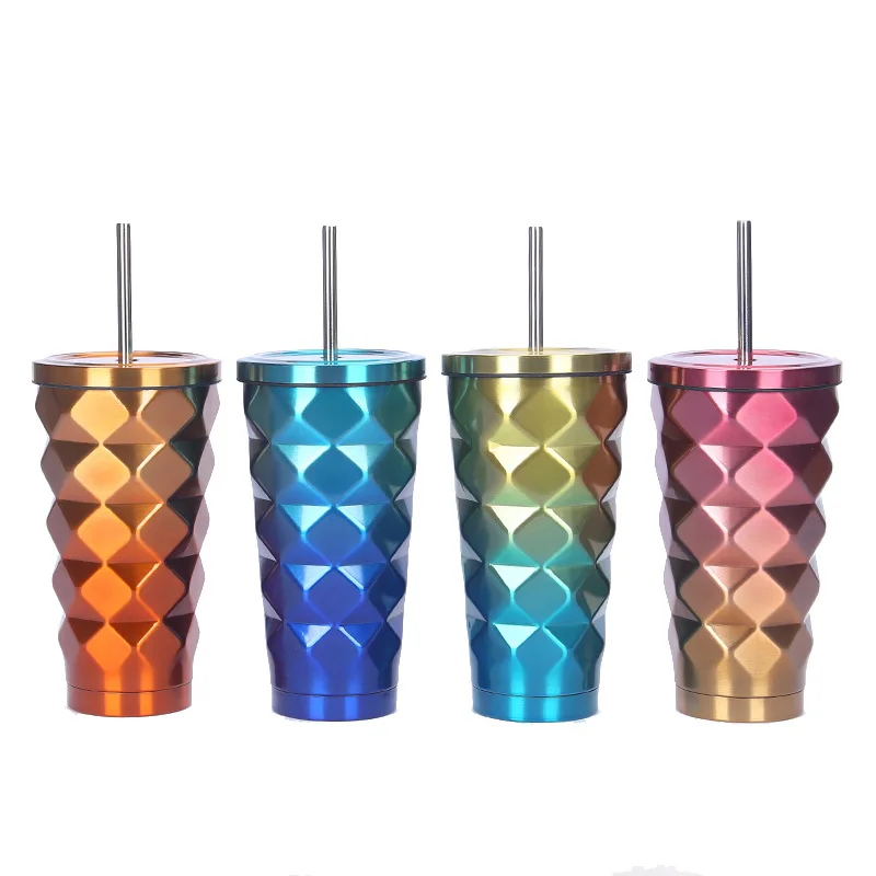 

Hot Sale Gradient Color Stainless Steel Drink Insulated Mug Tumblers Coffee Cup with Straw