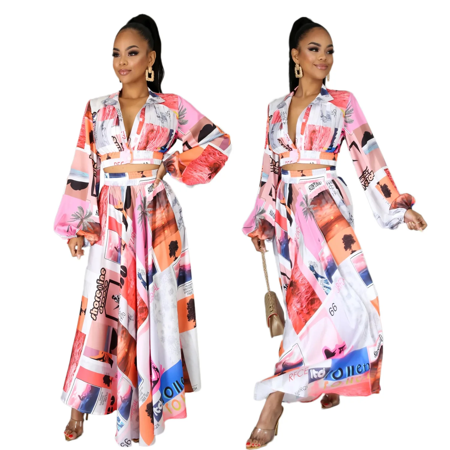 

2021 printing summer long sleeve crop top women 2 piece outfits skirt set, Pink