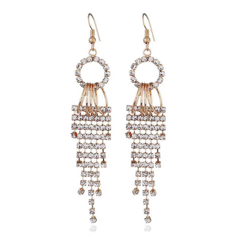

2020 Trendy Women Bridal Diamond Jewelry Multi-layer Claw Chain Round Circles Long Tassel Rhinestone Earrings, Gold/silver