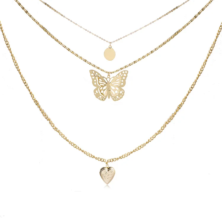 

Wholesale cheap custom 3 layers pendant round circle been butterfly heart thick chain choker multi layers gold necklace