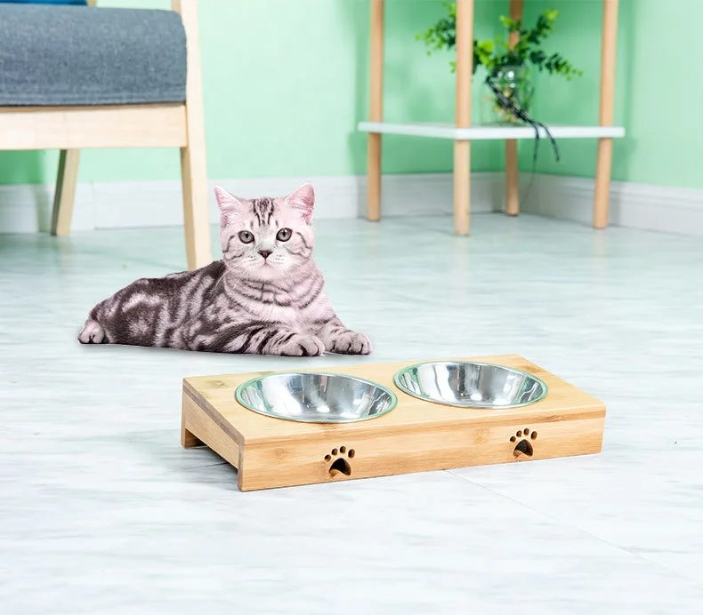 

Secure pet food bowl stainless steel or ceramic double food water feeder elevted pet feeding bowl with natural bamboo stand