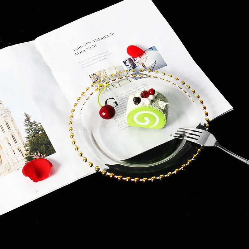 

luxury dinnerware Customized Crystal Glass Dinner Plate Gold Rim Pearl Fruit Western gold beaded charger Plate Sets, Transparent