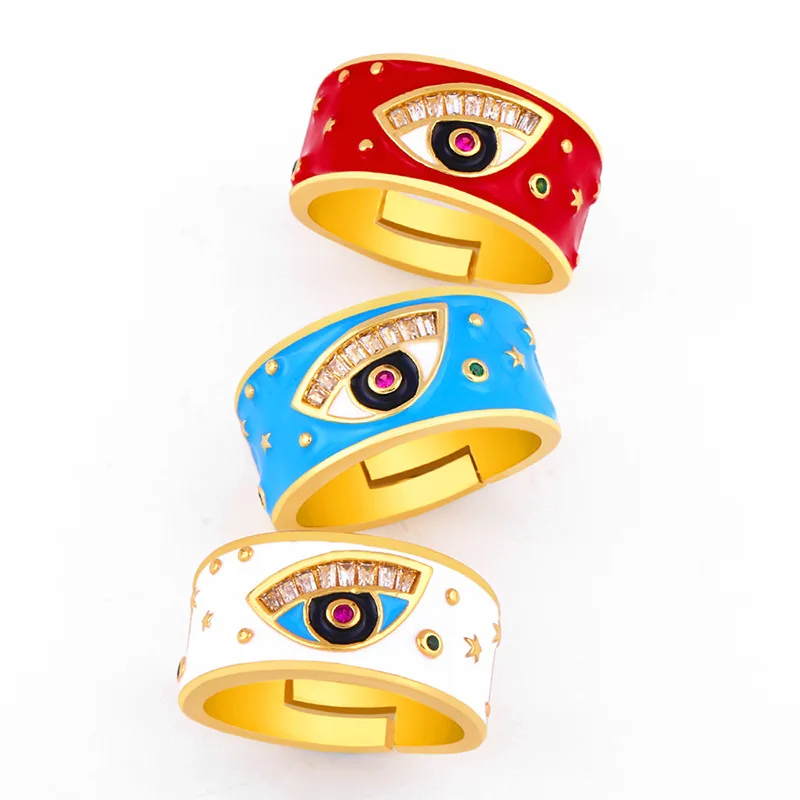 

2021 Sailing Jewelry Evil Eyes Ring Evil Eyes Oil Drop Open Ring Rainbow Color CZ Stone Wedding Ring, Gold/silver