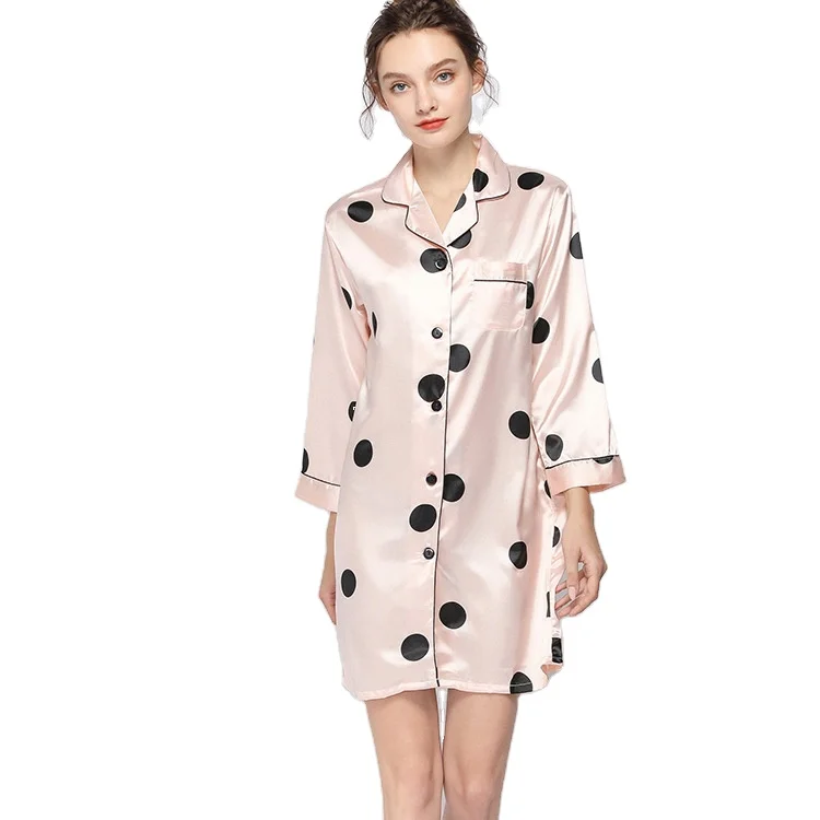 

Pajamas lady silk nightgown lady lace pajamas turn down collar home wear