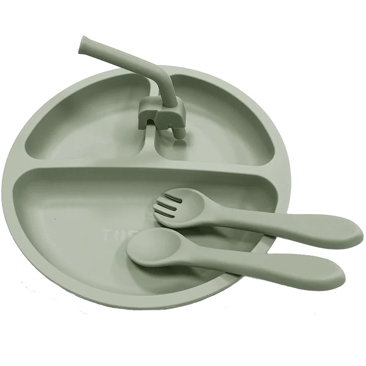 

Custom feeding set Three Divided Baby Silicone Suction Plate with Staw Spoon and fork, Sage, ether, dark grey, peach etc