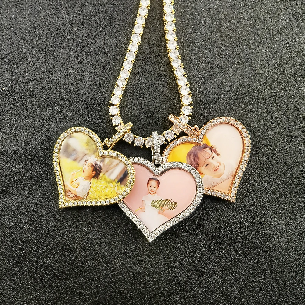 

Custom Hip Hop Gold Plated Photo Sublimation Blank Necklace Jewelry Memory Pendant Neck Chain Crystal Heart Photo Necklace, Color,silver,rose