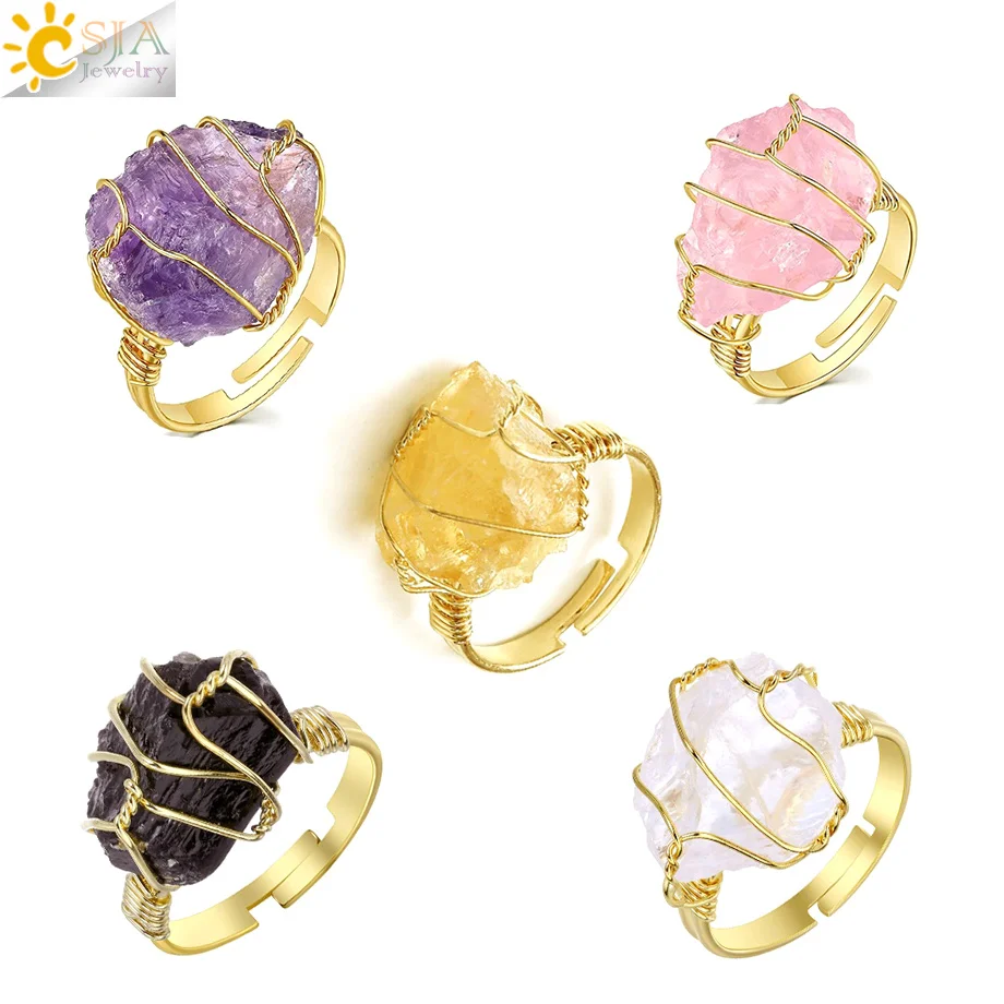 

CSJA Fashion Wire Wrapped Raw Crystal Ring Adjustable Natural Stone Irregular Healing Rough Gemstone Rings for Teens G339