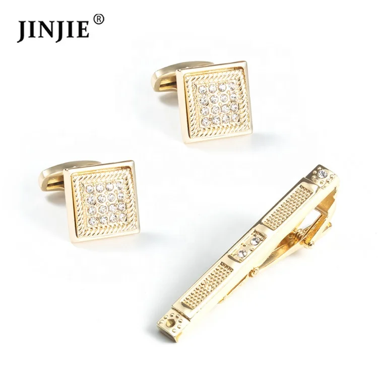 

China manufacturer square luxury vintage inlay rhinestones mens cufflink and tie clip set