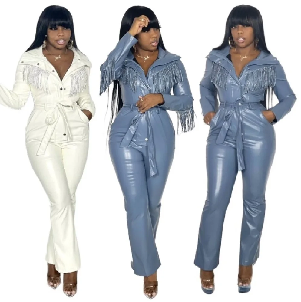 

Fringe Pants Jumpsuits Elegant Women Designer One Piece Pu Leather Jumpsuit Plus Size Bodysuit, Picture