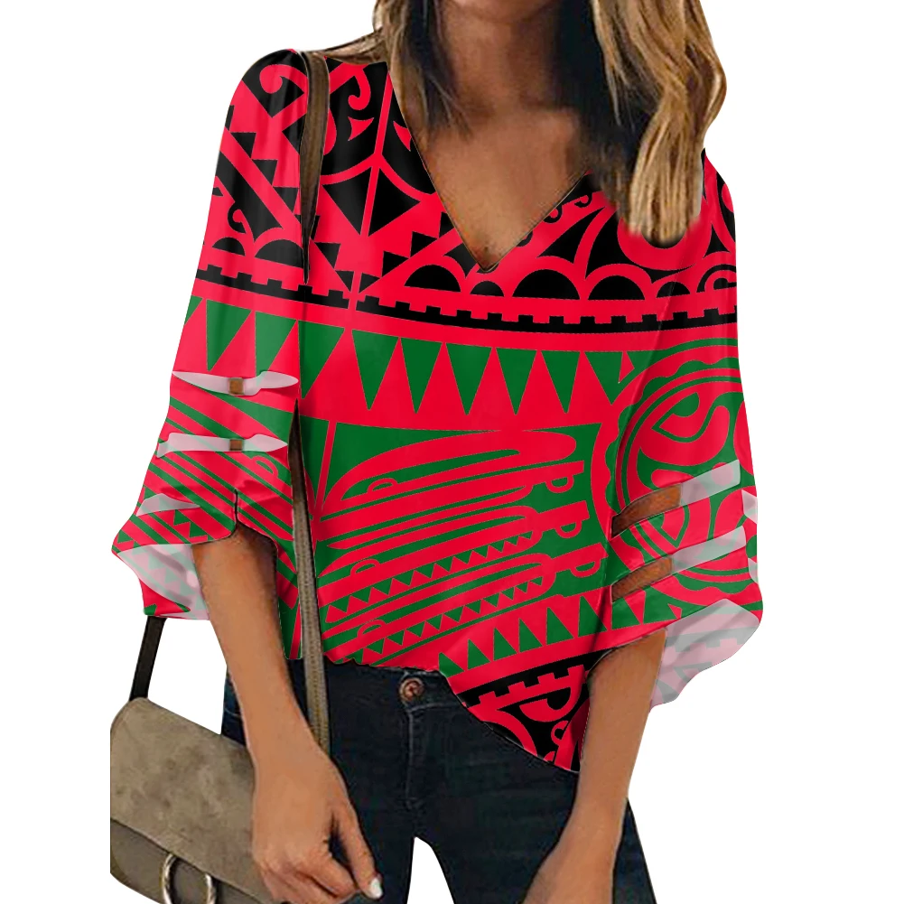 

Fashion Polynesian Samoan Shirts Women Clothing Summer Loose Mesh Panel 3/4 Bell Sleeve V Neck Shirts For Women Blouses