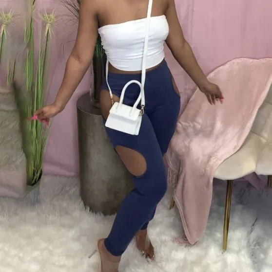 

X01178L 2021 Personality hollow-out solid color without belt tight pencil spring and summer leisure trousers, 1 colors