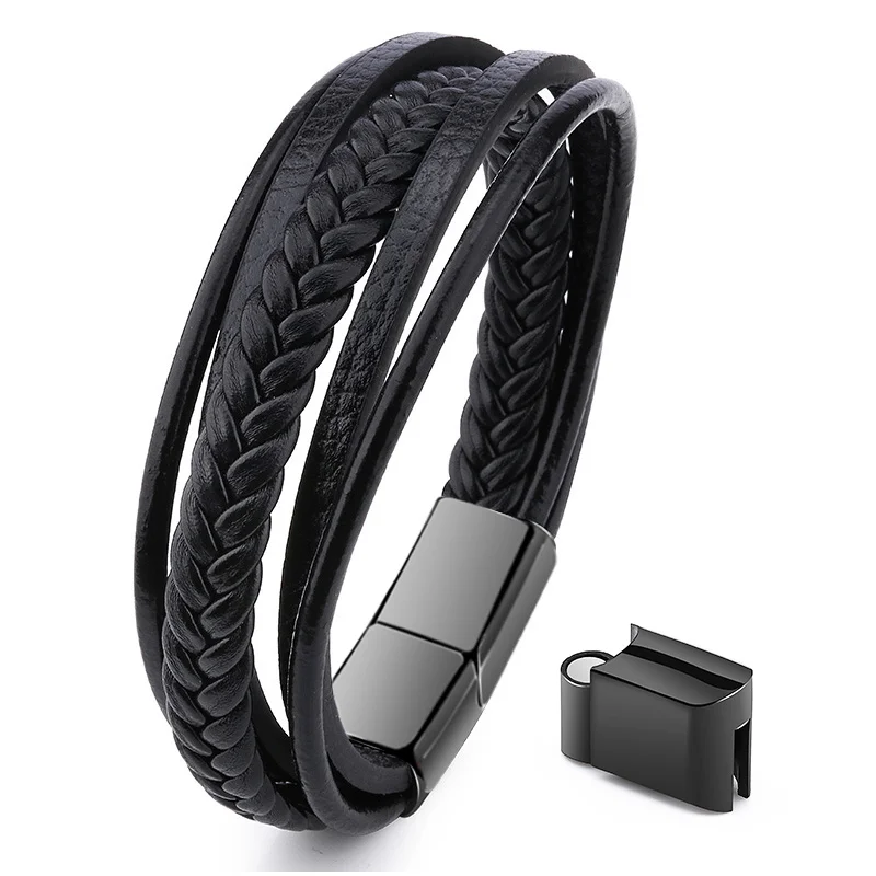 

Punk Black Adjustable Stainless Steel Magnetic Buckle Male Leather Bracelet Jewelry