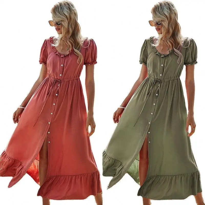 

new arrival women dress custom logo drop shipping high waist long Solid Fashion Casual long dress With buttons
