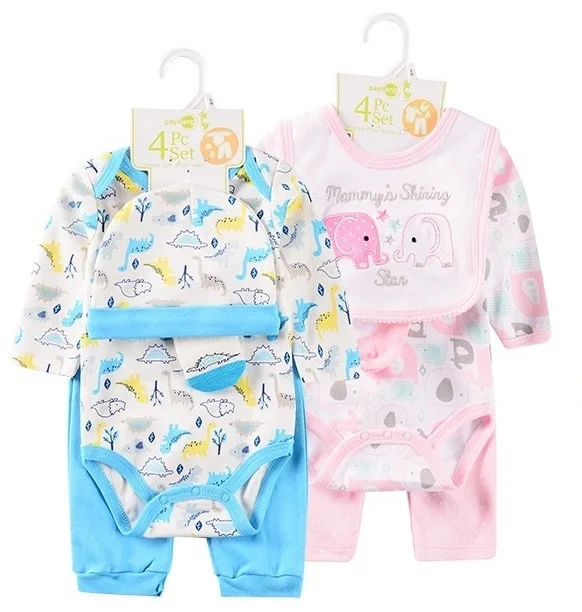 

The latest styles cute animal pattern 0-12M 100% cotton fall/winter baby onesie 4 pieces set including bib hat socks, Picture shows