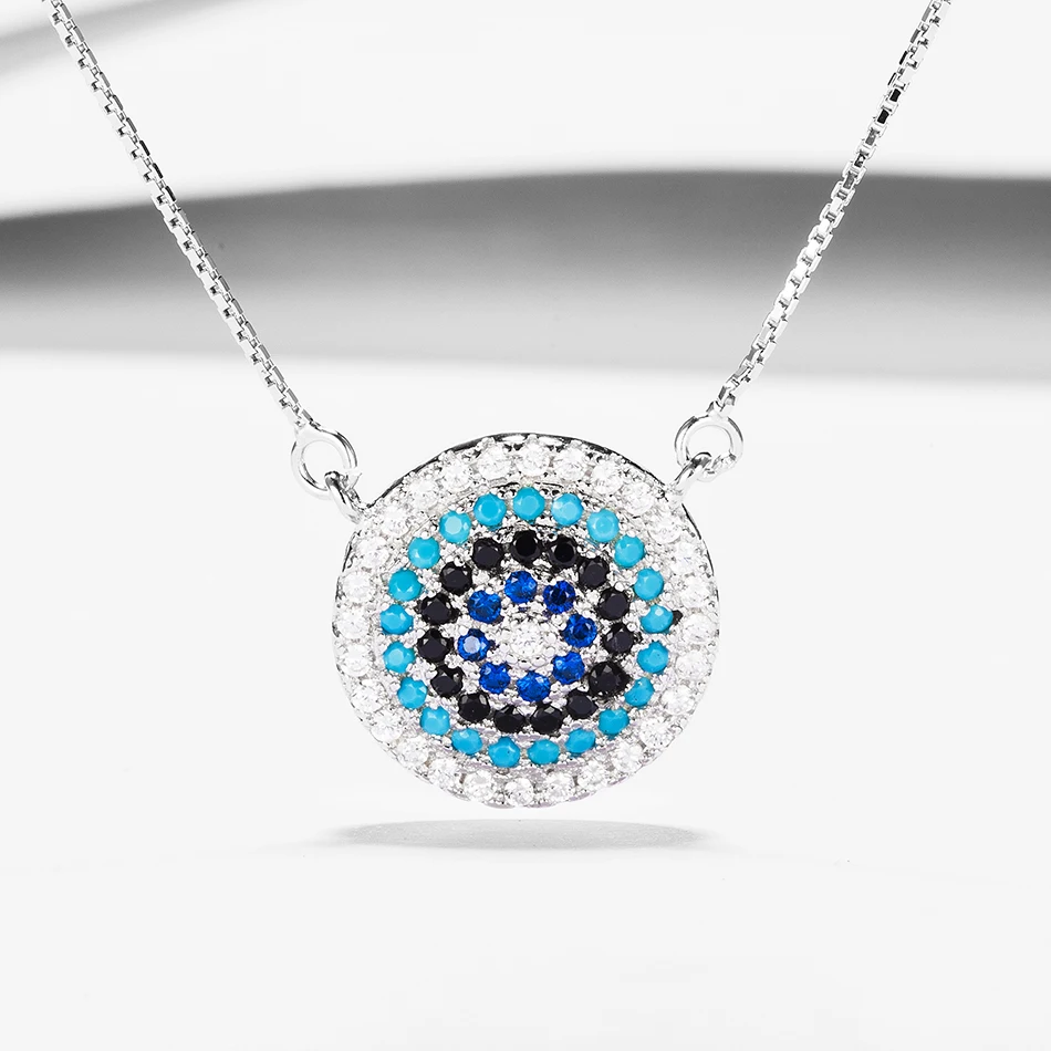 

High Quality 100% 925 Sterling Silver Necklace With Clear CZ Blue Eye Pendants Necklaces For Women Silver Jewelry