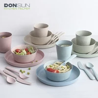 

Wholesale Eco Friendly wheat straw kids tableware set including tray,bowl,cup,knife,fork and spoon