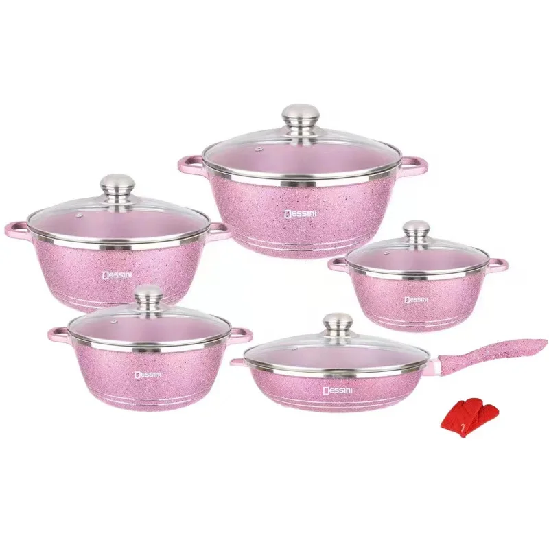 

12 Pcs Dessini Die-Casting panela masterclass home Kitchen Cooking Pot Pink Non-Stick Granite Set Granite Cookware Sets, Customized color