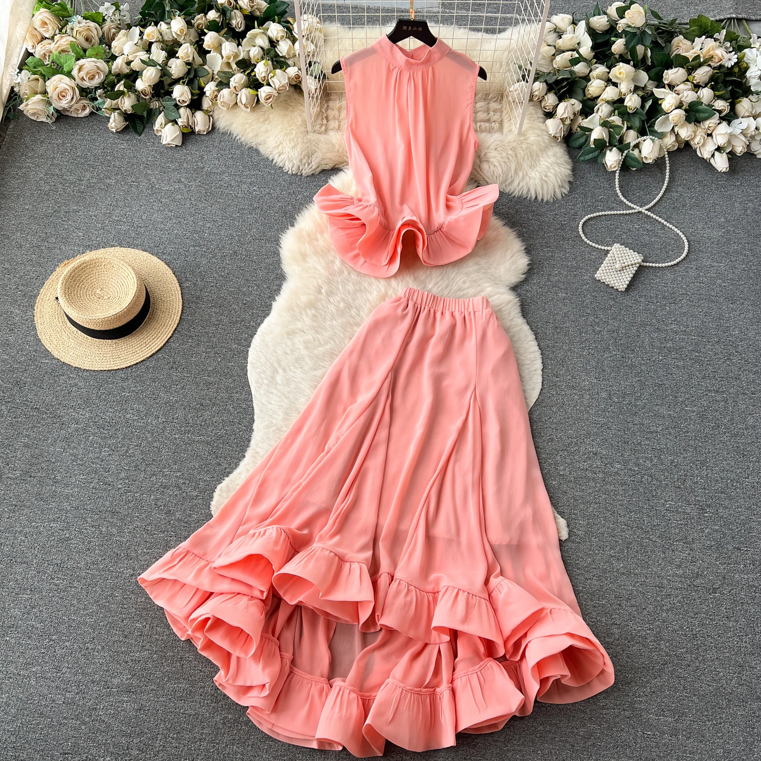 Vintage Fashion Set Women's Summer Sleeveless Ruffled Shirt + Elastic Waist Mid-Length Skirt