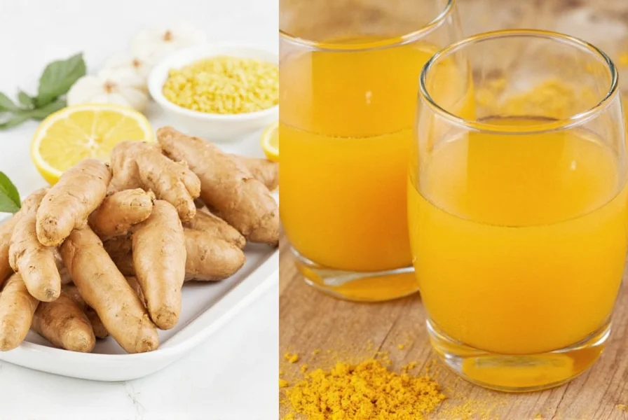 Frische Ingwer- und Kurkuma-Wurzeln mit vorbereiteten goldenen Shots in kleinen Gläsern