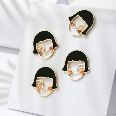 

2021 New Fashion Cute Girl's Stud Earrings Black Enameled Short Hair Girl Face Earrings For Women Jewelry