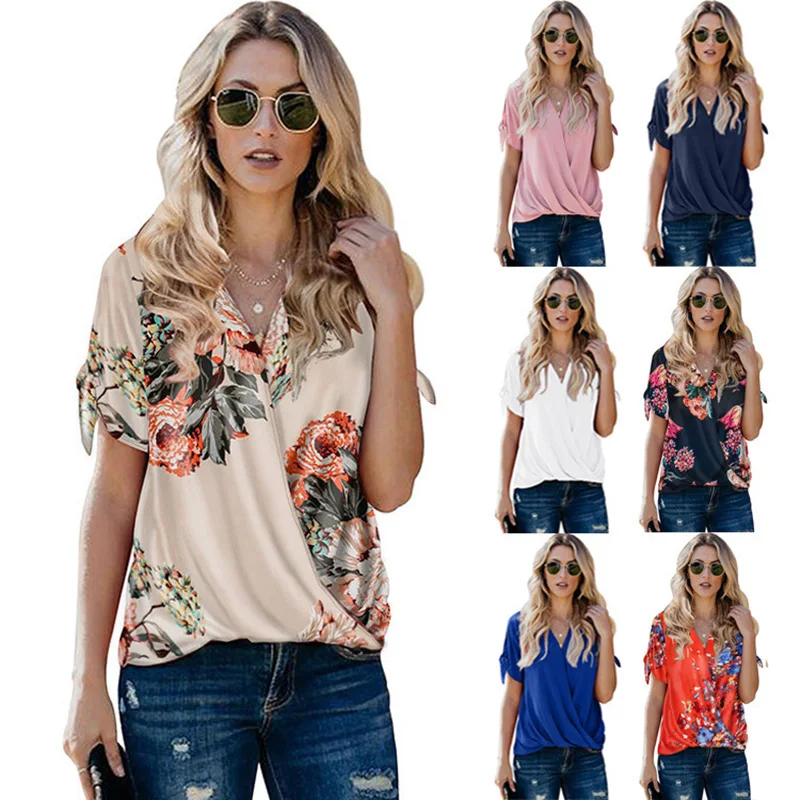 

Women Tops Fashionable Clothes Summer Sexy Soft Floral Pattern Printed V Neck Chiffon Blouses, 9 colors