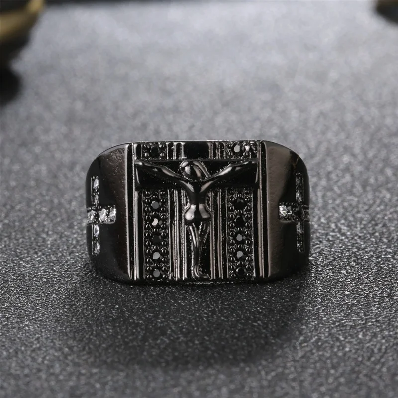 product-Delicate Black Cz Jesus Cross Ring Punk Style For Men-BEYALY-img-1