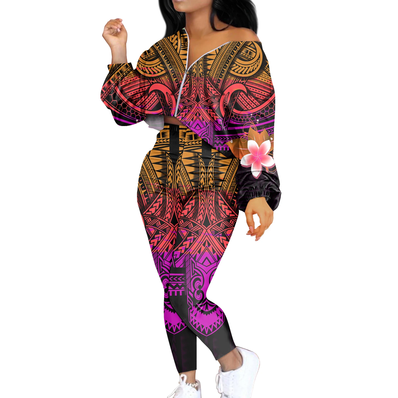 

Two Piece Set Women Clothing Polynesian Tribal Printed Plus Size Casual Loose Tops With Pants Customized Tracksuits For Women