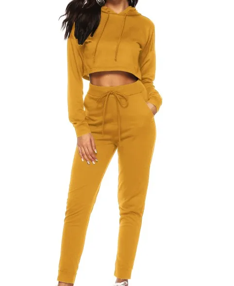 

Women's Autumn Yoga Sets 2 Piece Elegante Ladies Pullover Plain Crop Top Hoodies And Long Pants, Black, dark grey, jujube, yellowish brown