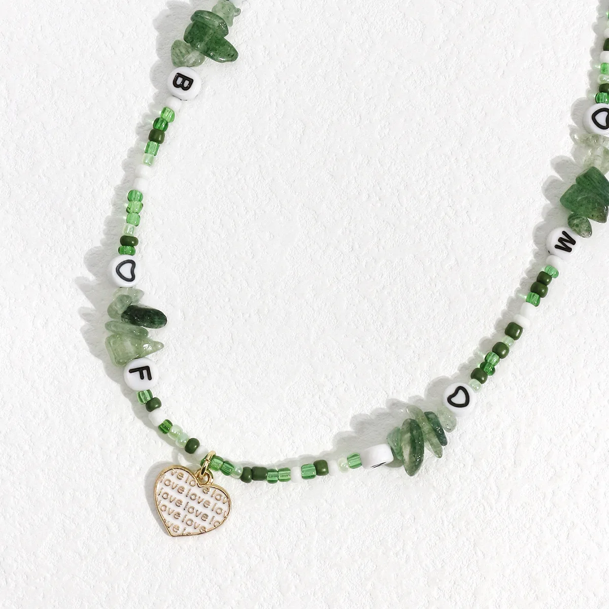 

YICAI Handmade Seed Beads Crushed Stone Necklace Irregular Natural Stone Bead Heart Charm Letter Bead Necklace