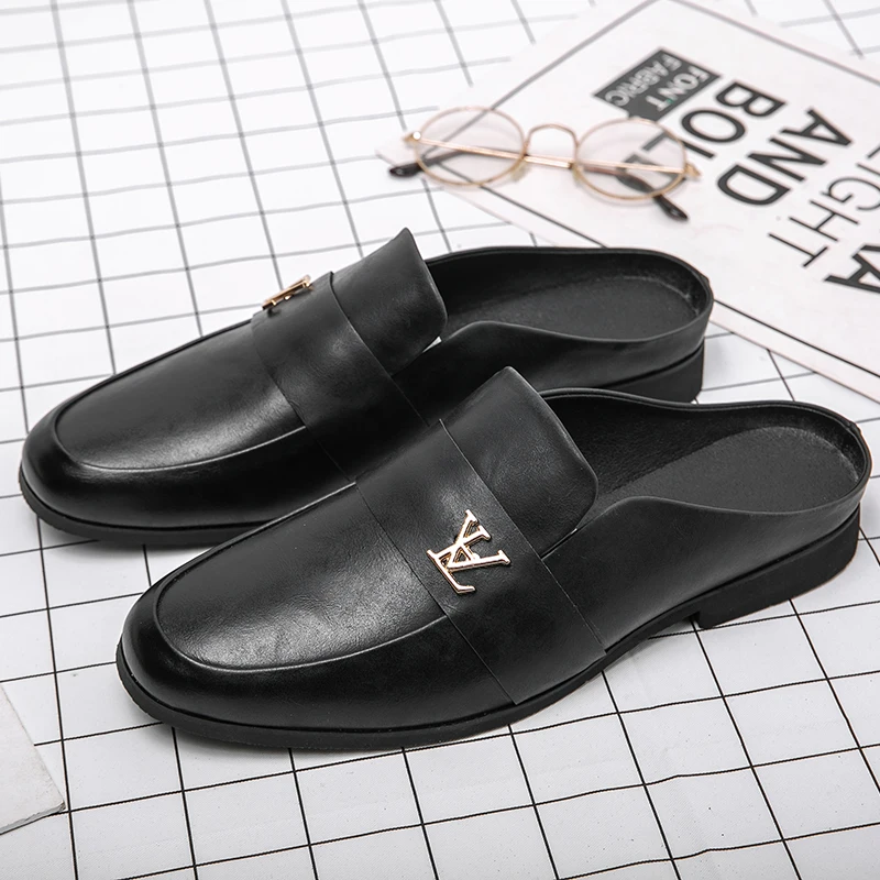 

High Quality Black Men Dress Shoes Loafer Patent Leather Slippers Closed Toe Fashion Trend Half Slippers Summer Men's Shoes