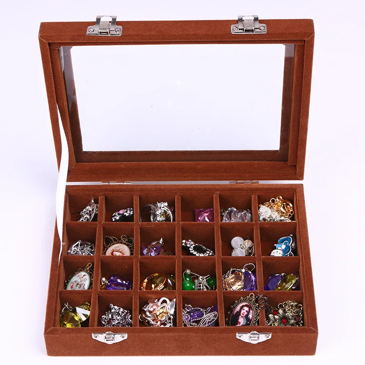 

AAA302 New Tray Earrings Storage Case Modern Design Showcase Display 24 Grid Velvet Glass Jewelry Ring Display Box Organizer, 7 colors