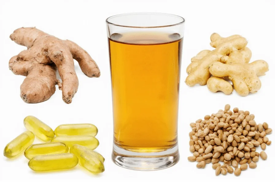 Different ginger preparations for upset stomach including fresh root, tea, capsules, and candies
