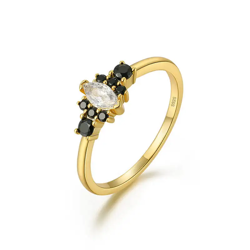 925 sterling silver fashion jewelry rings marquise zircon black gemstone clustered in shape gold plated rings jewelry women