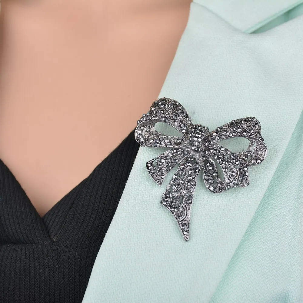 

Vintage Fashion Jewelry Black Color Rhinestone Bow Brooches for Women Large Bowknot Brooch Pin