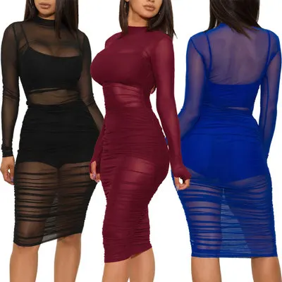 

B51559A Hot selling women new sexy mesh sheer club wear dress, Black/blue/red