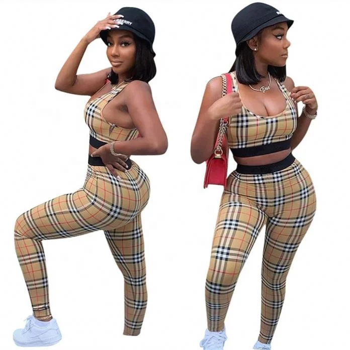 

2021 Summer Plaids Printed Casual Jogging Pants Suit 2 Piece Set Women, Picture color