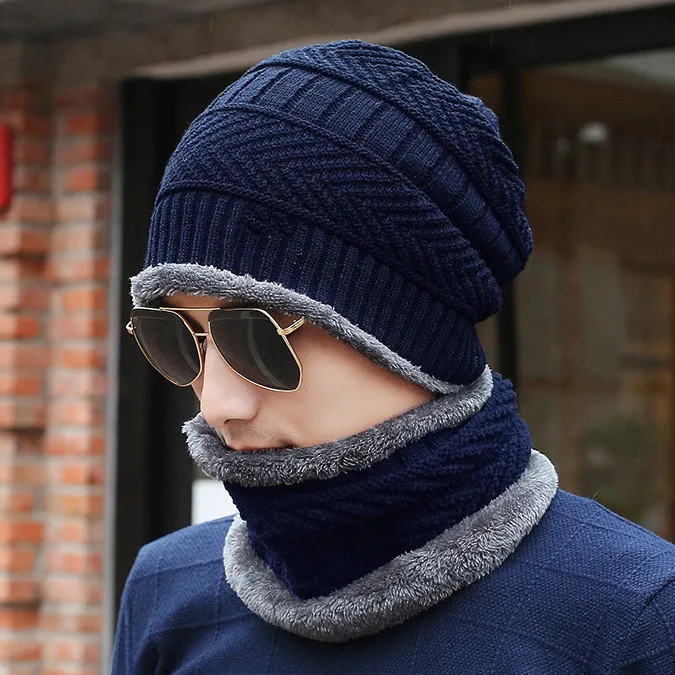 Winter Knitted Hat Scarf Set Warm Thicken Fleece Men Beanie Hat Scarf Set Solid Knit Windproof Outdoor Ski Cap Ring Scarf