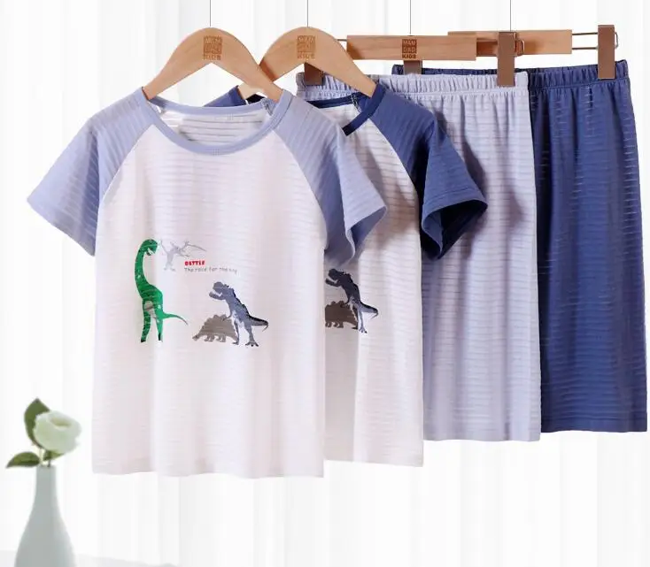 

2021 summer kids short sleeve tees shorts 100% cotton dinosaur print baby boy t-shirt, Light blue,dark blue