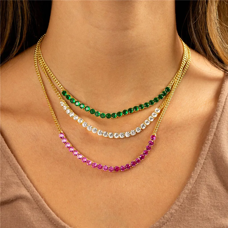 

light luxury 925 sterling silver sparkling colored row drill diamond zircon gold plated necklaces Cuban chain for women