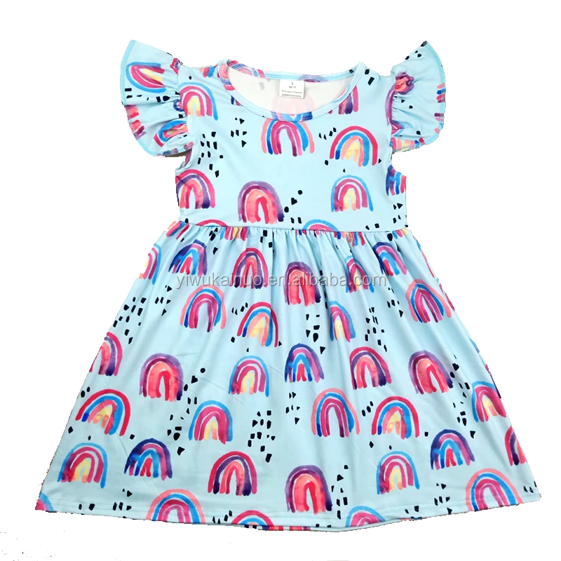 

Cute Baby Girl Dress Flutter Sleeve Children Clothing rainbow Printed Dress, As the picutres show