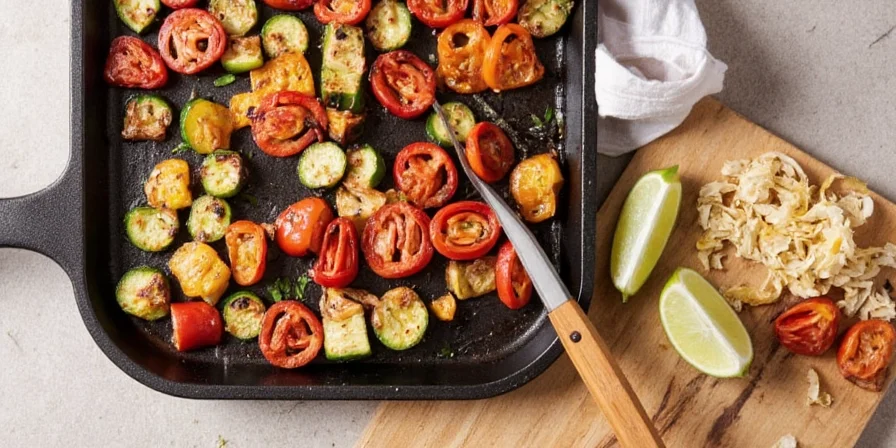 Colorful grilled vegetables on a cast iron grill pan